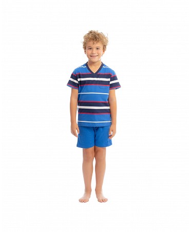 Pijama corto de niño con chaqueta de rayas y pantalón liso