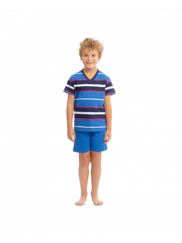 Boy's pyjama shorts with striped jacket and plain trousers