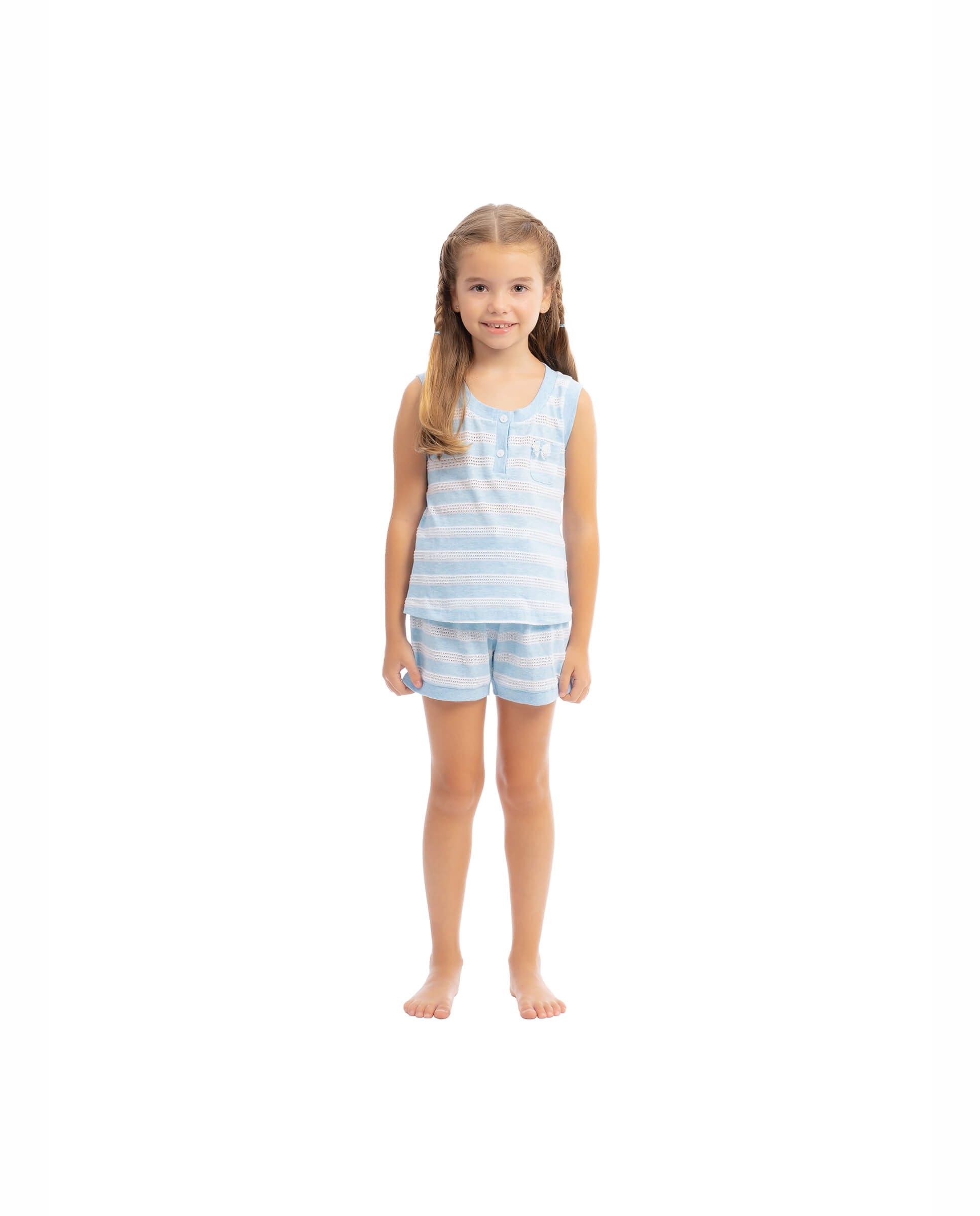 Girl's striped short pajamas with lace bow trim.