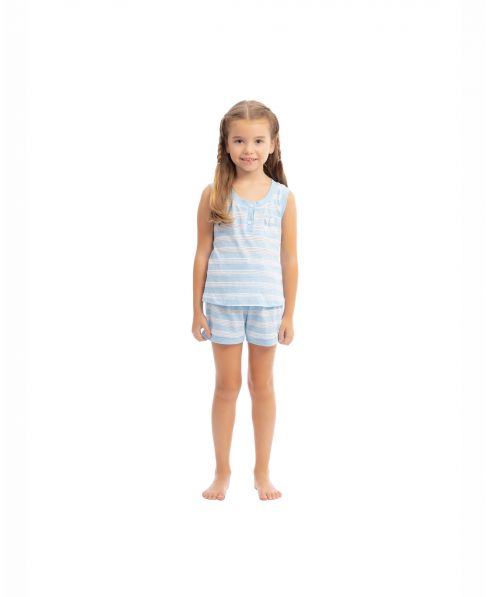 Girl's striped short pajamas with lace bow trim.
