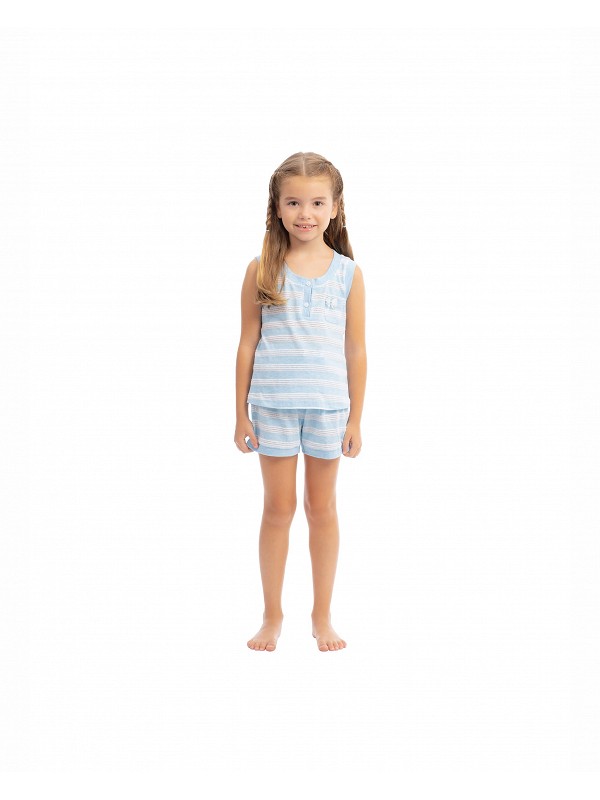 Pijama corto de niña de rayas con adorno de lazo puntilla.
