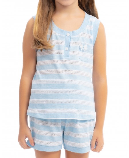 Detalle camiseta de pijama a rayas sin mangas para niña