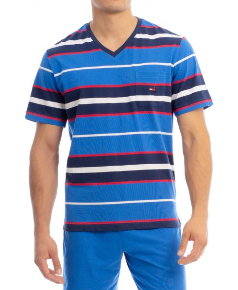 Men's blue striped printed cotton pyjama T-shirt with pocket