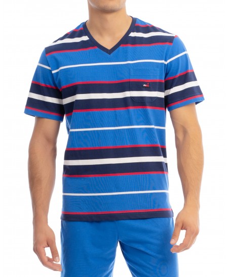Camiseta masculina de pijama de algodón estampada a rayas azules con bolsillo