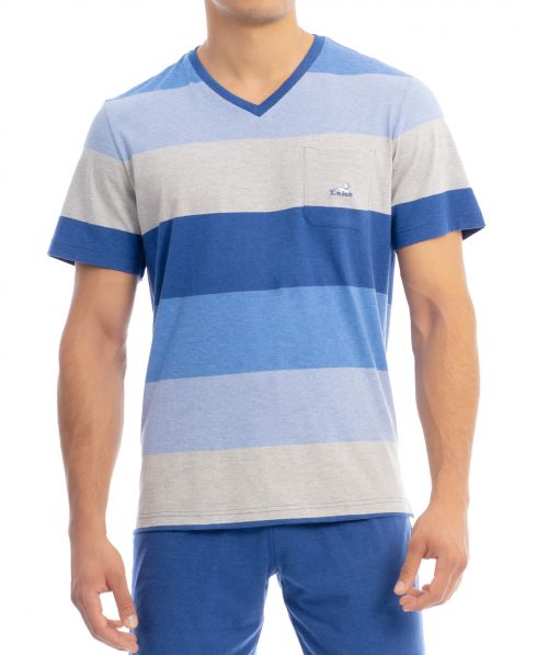 Men's blue striped short-sleeved pyjama jacket with v-neck and embroidered Lohe logo