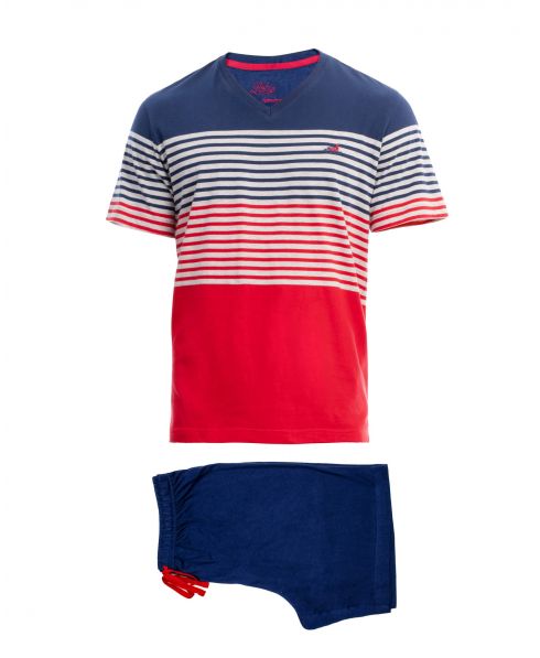 Men's two-piece pyjama shorts for the summer heat. Navy and red striped