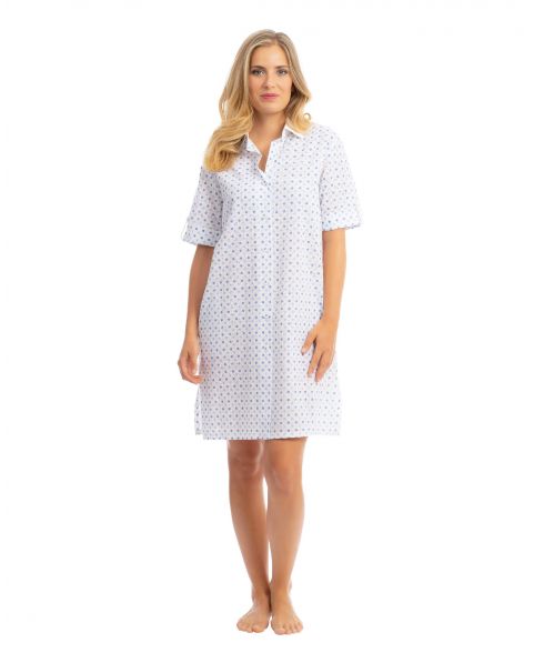Short cotton dress for women with short sleeves and polka dots print.