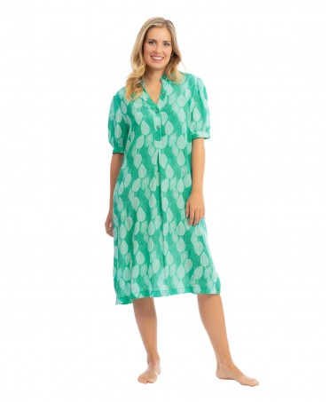 Short green beach dress with leaves print