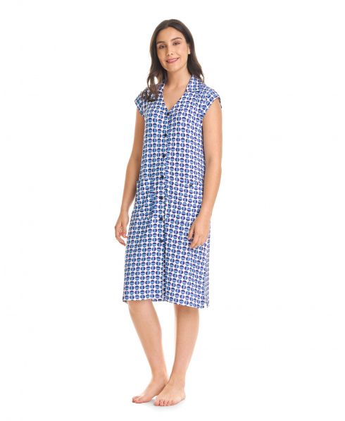 Short sleeveless open summer dress with buttons and blue ovals print