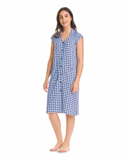 Short sleeveless open summer dress with buttons and blue ovals print