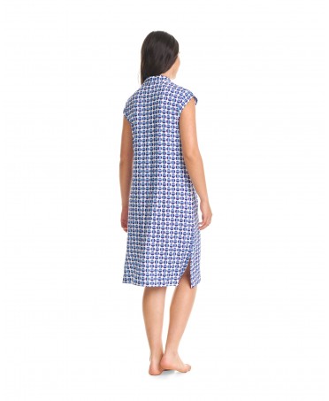 Rear view women's short beach dress with blue geometric print