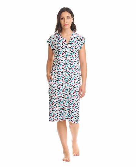 Short sleeved open beach dress with button fastening and polka dot pattern