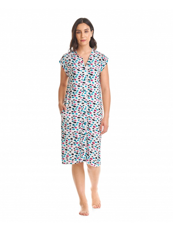 Short sleeved open beach dress with button fastening and polka dot pattern