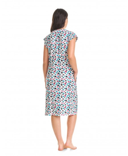 Rear view women's short summer dress with pockets and open button fastening