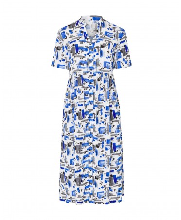 Women's long dress with short sleeves open with buttons and abstract print in blue tones.