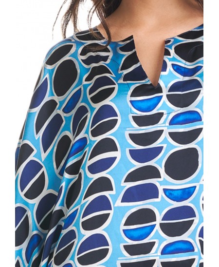 Blue printed natural silk kaftan round neckline detail