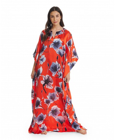 Silk kaftan with butterfly sleeve red floral print