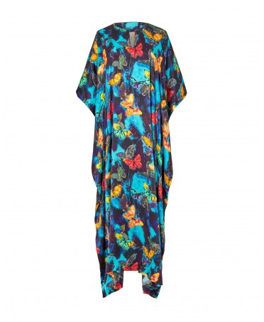 Printed natural silk kaftan with round neckline and central opening with elbow-length butterfly sleeves.