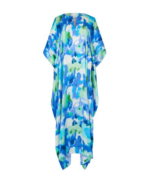 Printed natural silk kaftan with round neckline and central opening with elbow-length butterfly sleeves.