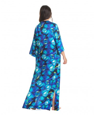 Rear view silk kaftan for summer with blue print and side slits