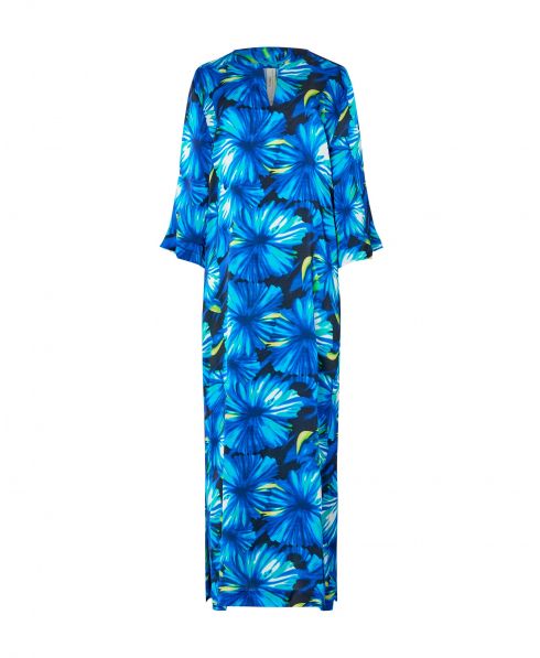 Summer silk kaftan long with side slit and round neckline blue flowers