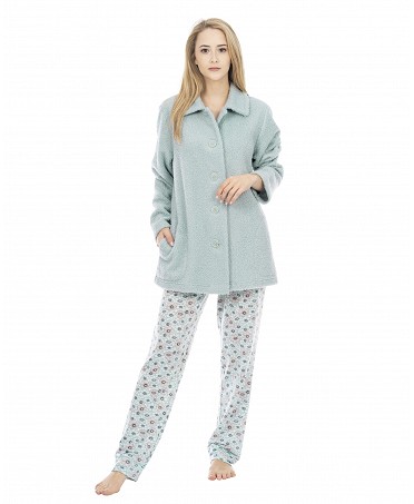Green short buttoned terry cloth house dressing gown