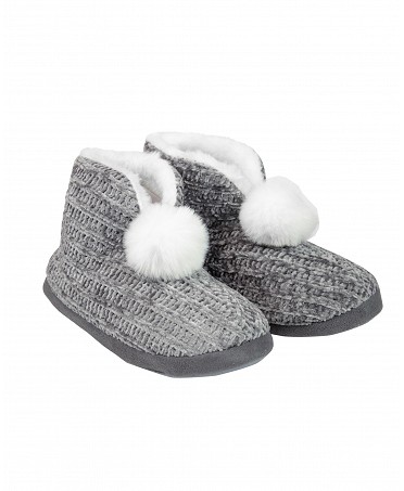 A pair of grey winter slippers with white pompoms and sheepskin inside