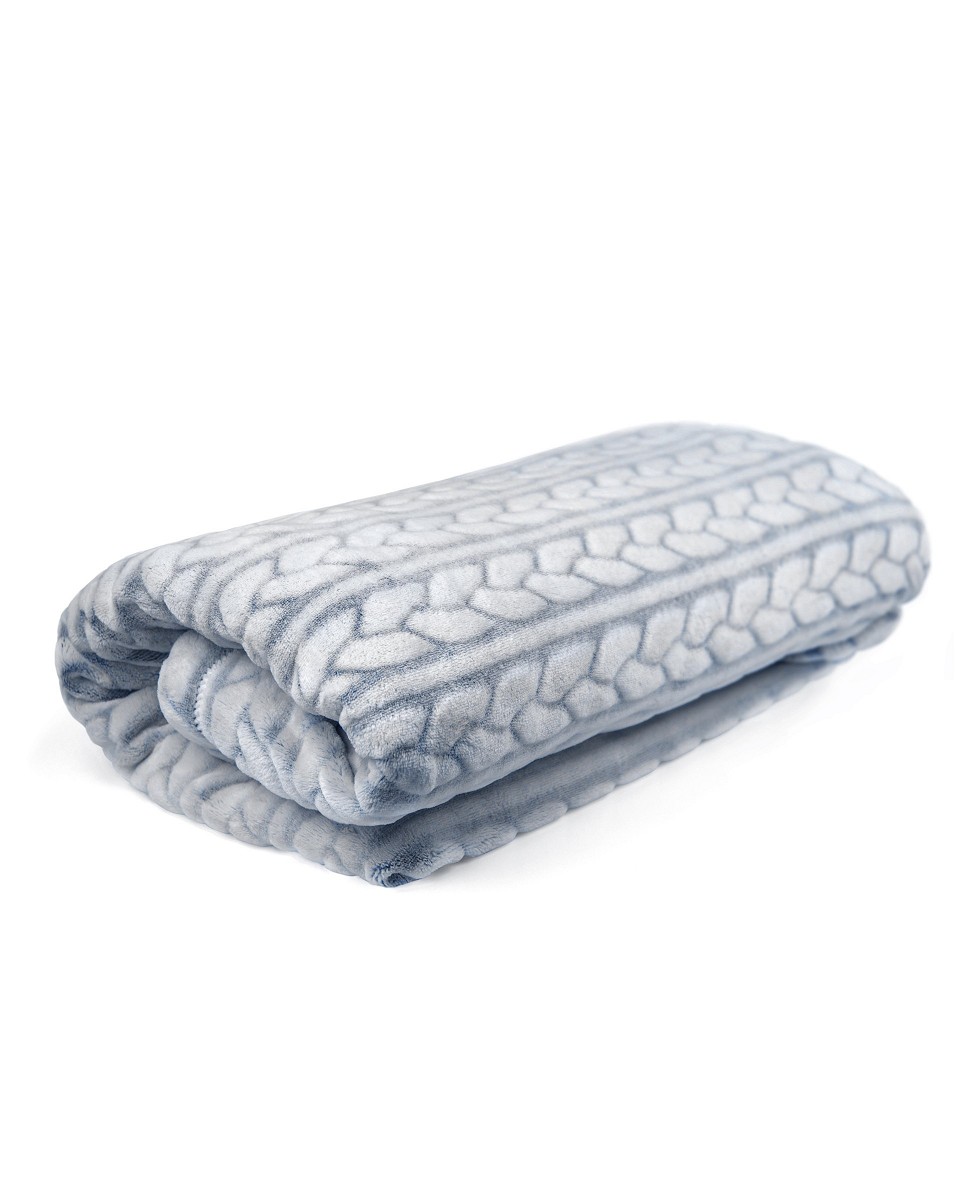 A blue and white winter blanket folded on itself