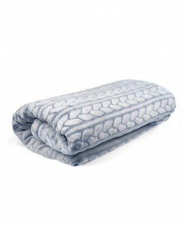 A blue and white winter blanket folded on itself