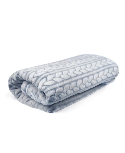 A blue and white winter blanket folded on itself