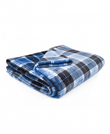 Winter blanket for the home made of blue check flannel.