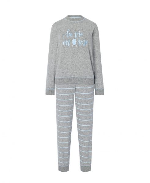 Lohe women's long pyjamas with long sleeve vigore jacket, round neck, long striped trousers with pockets and cuffs.