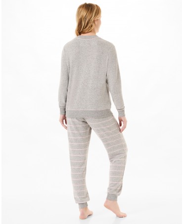 Rear view of women's long pyjamas with long sleeves and pink striped trousers