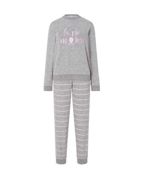 Lohe women's pyjamas with long-sleeved jacket, round neck and long trousers with pink stripes