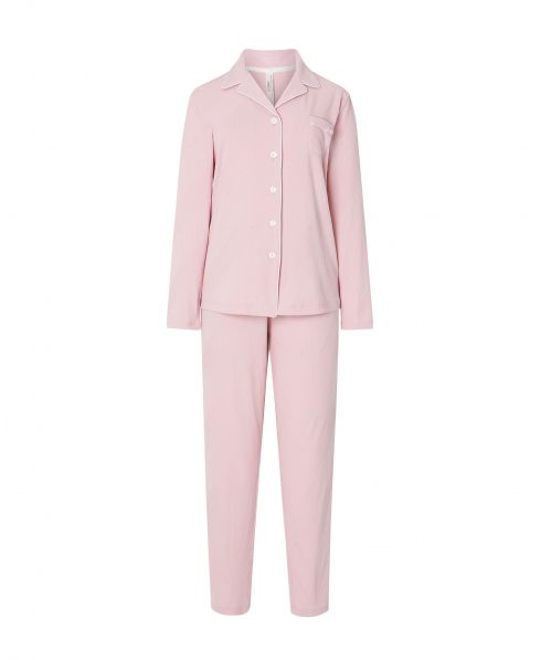 Pijama de invierno largo con chaqueta de manga larga lisa abierta con botones en canalé relieve y pantalón largo liso