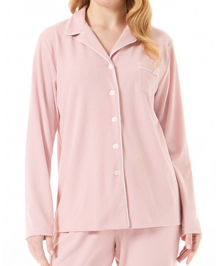 Detail of open long-sleeved winter pyjama jacket with pink ribbed buttons