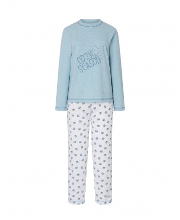 Women's pyjamas with long-sleeved light blue plain jacket with embroidery, round neck and leaf printed trousers.