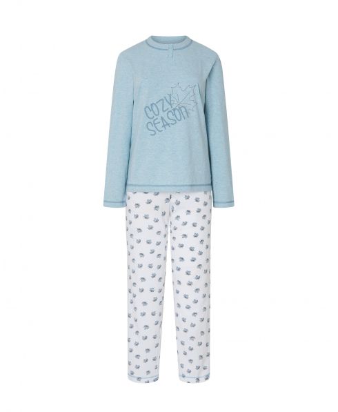 Women's pyjamas with long-sleeved light blue plain jacket with embroidery, round neck and leaf printed trousers.
