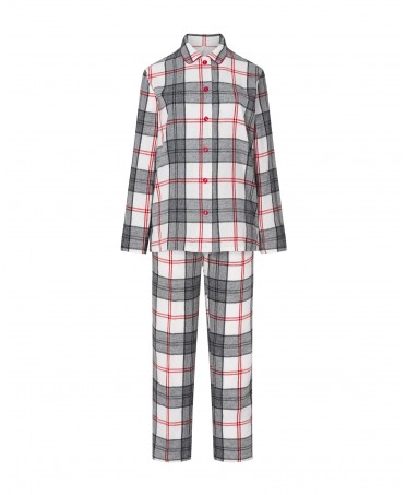 Pijama largo de mujer, chaqueta abierta con botones manga larga, estampado en cuadros, pantalón largo cuadros.