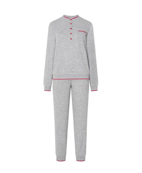 Women's long pyjamas, long sleeve plain jacket, round neck with buttons, plain long trousers with cuffs.