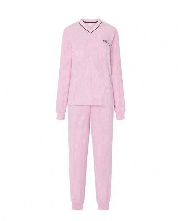 Lohe women's long pyjamas, long sleeve plain ribbed jacket, V-neck, plain ribbed long trousers with pink cuffs.