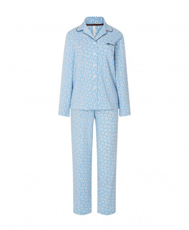 Pijama largo Lohe de mujer, chaqueta abierta con botones manga larga, estampado margaritas, pantalón largo estampado margaritas.