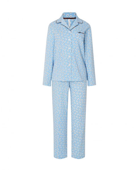 Lohe women's long pyjamas, open jacket with buttons, long sleeves, daisy print, long trousers with daisy print.