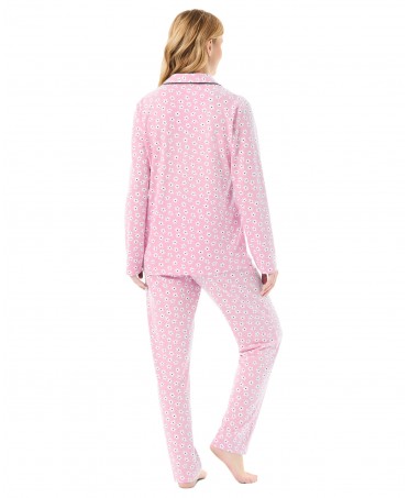 Vista trasera de pijama largo para mujer, chaqueta manga larga abierto estampado de margaritas color rosa