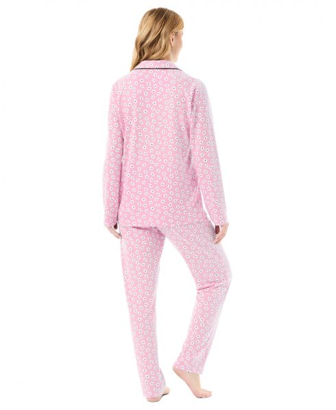 Rear view of women's winter pyjamas with long sleeve open jacket with pink daisies