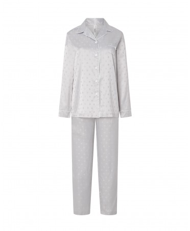 Pijama largo Lohe de mujer, chaqueta abierta con botones raso jacquard topos manga larga, pantalón largo raso jacquard.