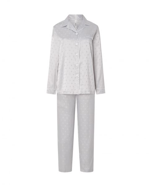 Pijama largo Lohe de mujer, chaqueta abierta con botones raso jacquard topos manga larga, pantalón largo raso jacquard.