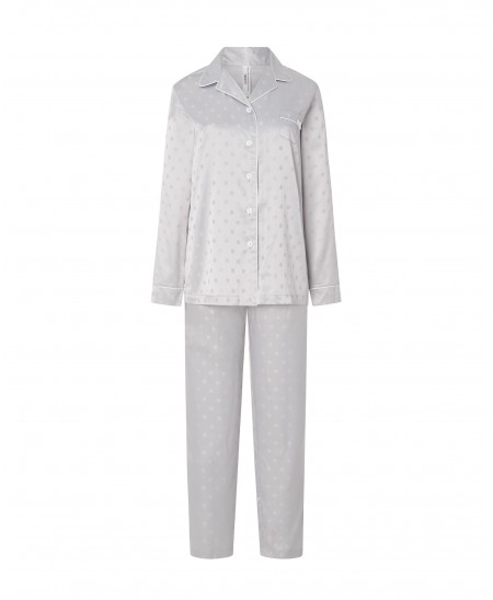 Lohe women's long pyjamas, open jacket with satin jacquard buttons, long sleeves, satin jacquard trousers.