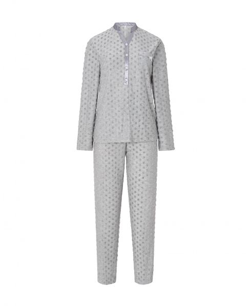 Pijama largo Lohe de mujer, chaqueta tejido topos manga larga, cuello pico con botones, pantalón largo tejido puntos.