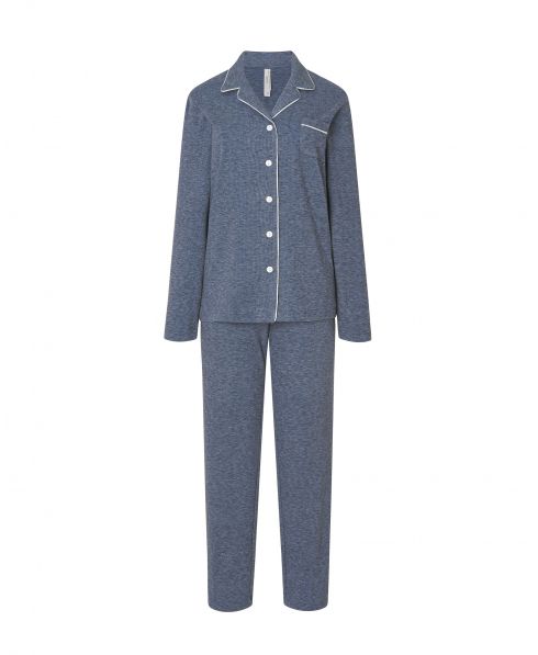 Women's long pyjamas, vigore jacket with buttoned open front, long sleeves, navy vigore long trousers.